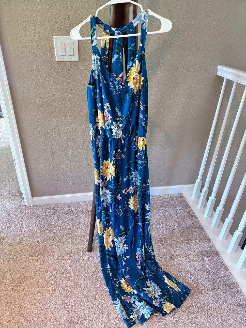 nine britton Teal Blue Floral Maxi Dress with Yellow & White Flowers